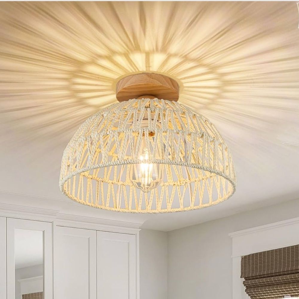 Boho Ceiling Light Fixture Rattan Flush Mount  woven lamp shade